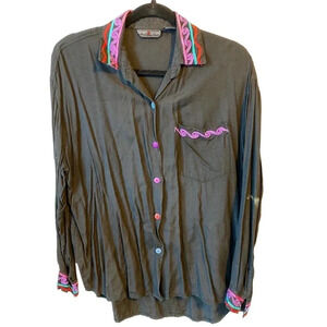 Vtg 90s Sport Seven Multi Color Embroidery Button Up Shirt Women Sz S Oversize